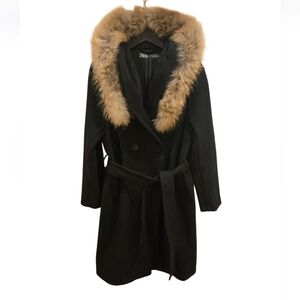Zara Women's Black Trench Coat with Tan Real Fur Sz M